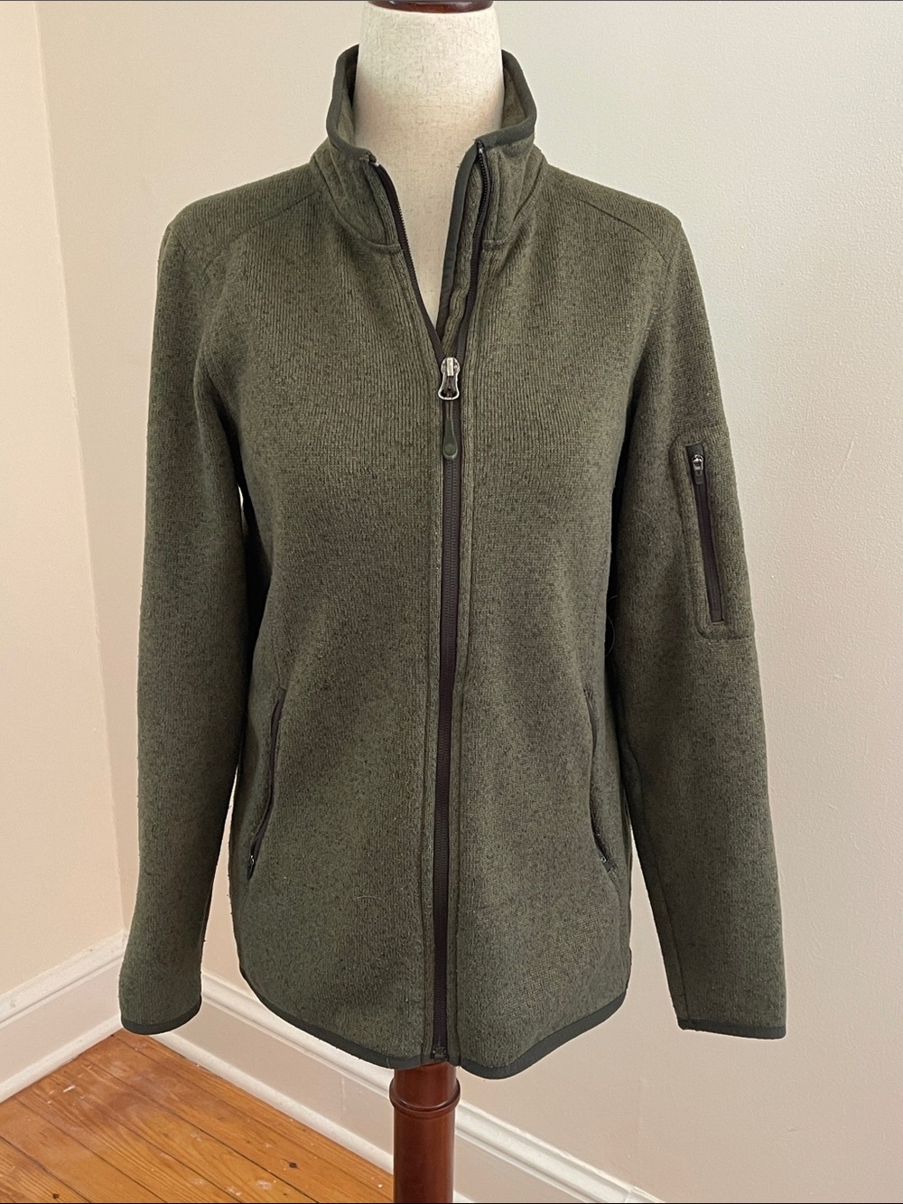 L.L.Bean Sweater Fleece Full Zip Jacket Olive Green Small Outdoor Hiking